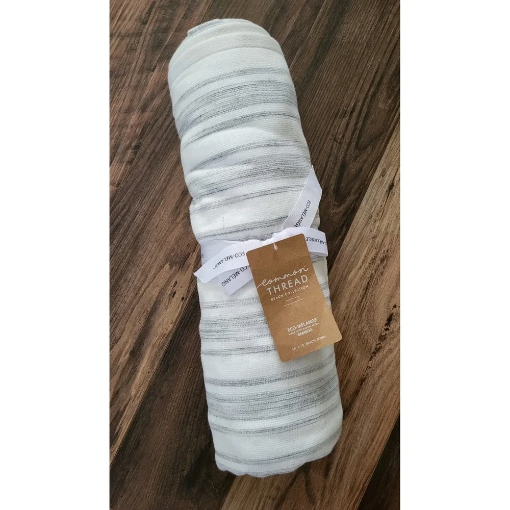 New Common Thread Bamboo Eco Melange Gray Ivory Beach Towel 36 X 70